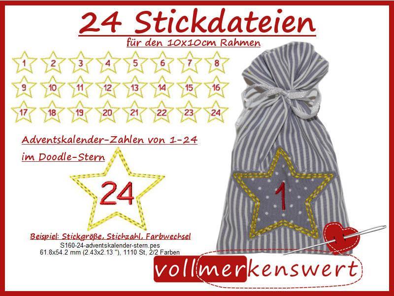 Stickdatei Adventskalender-Zahlen 1-24 im Doodle-Stern 24 Sterne für Weihnachten Adventskalenderzahlen S160